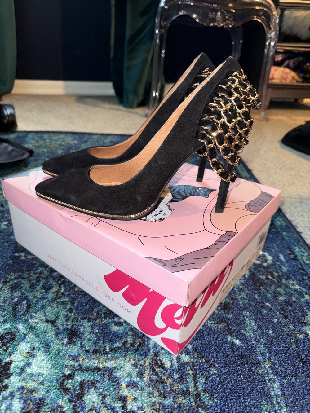 Jeffrey Campbell Black Suede Pointed-Toe Heels with Gold Chain Detail